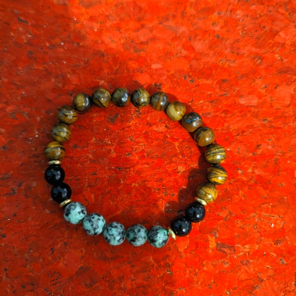 Meditation bracelet beads are 8mm yellow tigers eye,black onyx,African turquoise